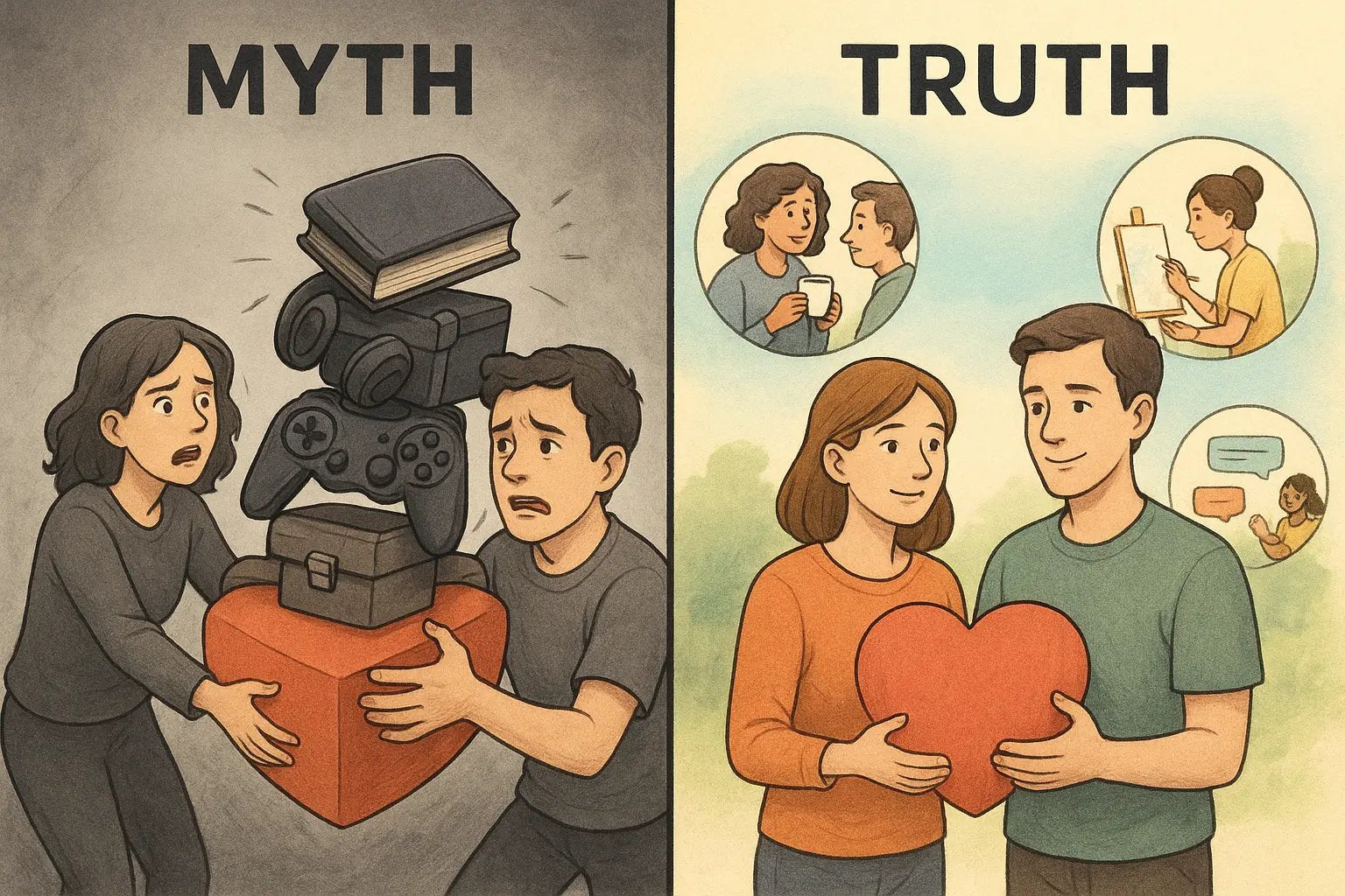 Comparison showing a stressed couple overwhelmed by expectations versus a happy couple with balanced support from friends and hobbies