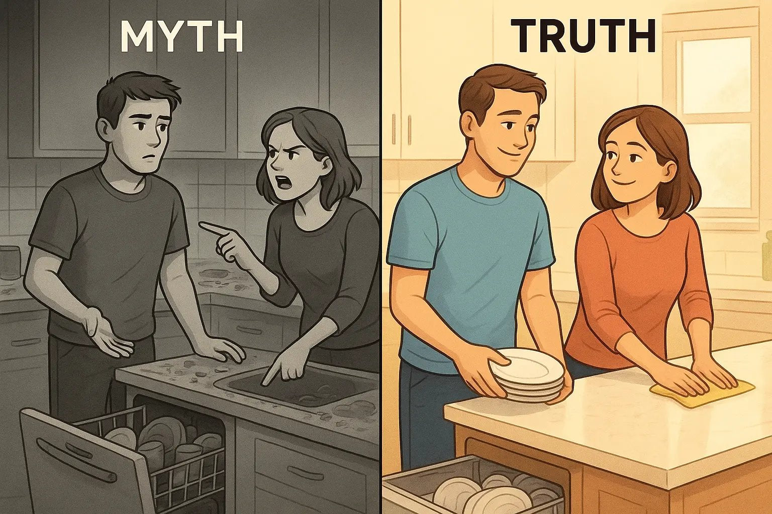 Split screen showing a couple arguing over messy kitchen versus working together harmoniously in a clean, organised space