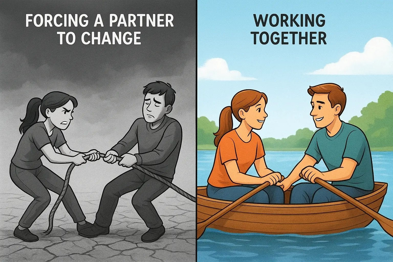 Couple rowing together in sync on calm water, representing teamwork and acceptance in a neurodivergent relationship