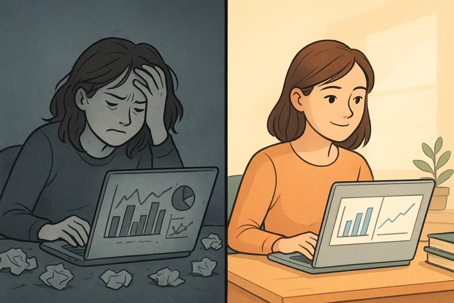 Split screen showing a stressed student with chaotic graphs on left, and a calm student with clear, organised charts on right.