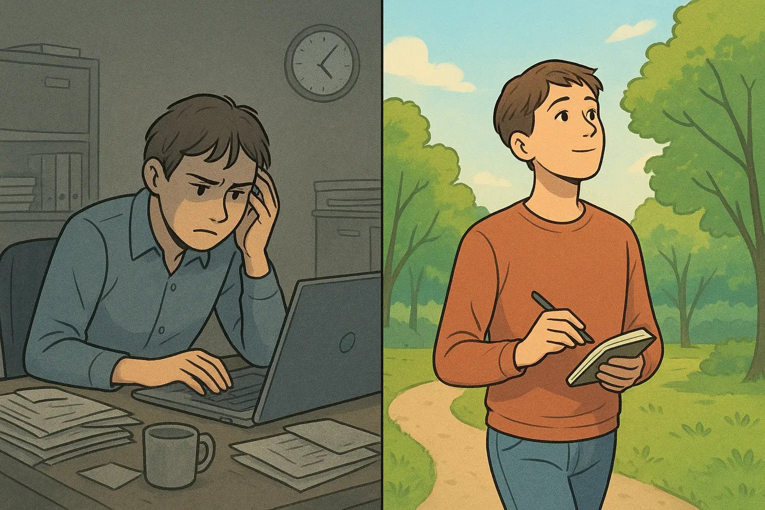 Side-by-side comparison of a stressed professional at a cluttered desk versus the same person walking peacefully in a sunlit park, capturing ideas.