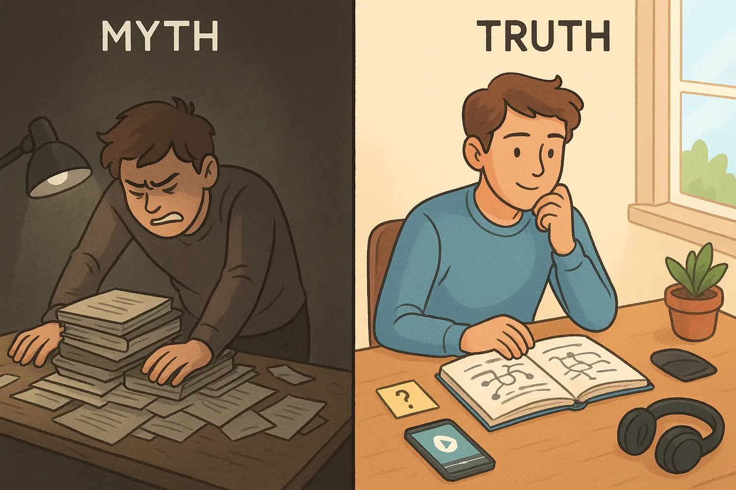 A student calmly checking four organised desk items to diagnose their learning block, contrasted with a frustrated student pushing on a messy pile of books.