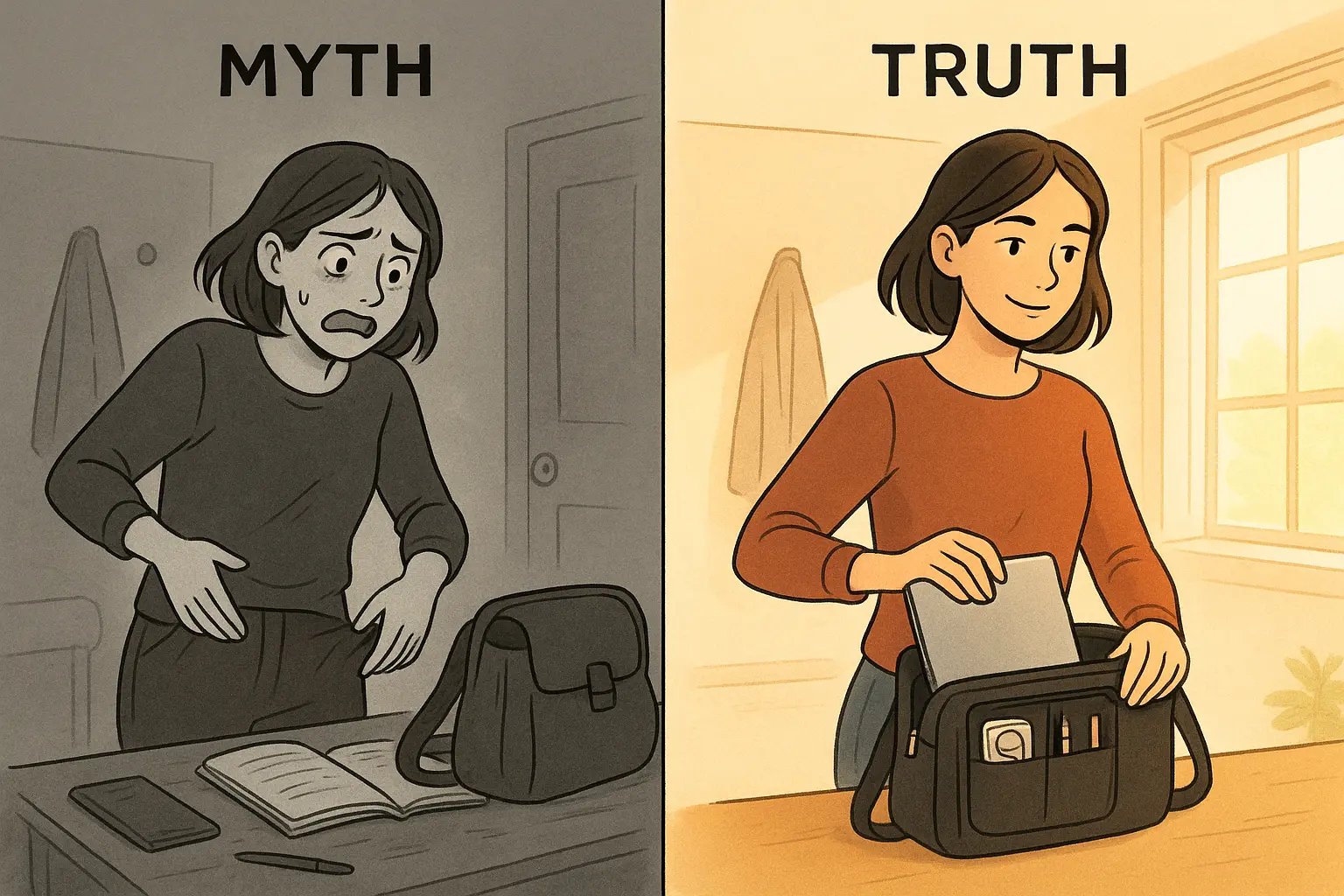 Woman calmly preparing with organised pre-packed kit versus stressed woman searching for forgotten items