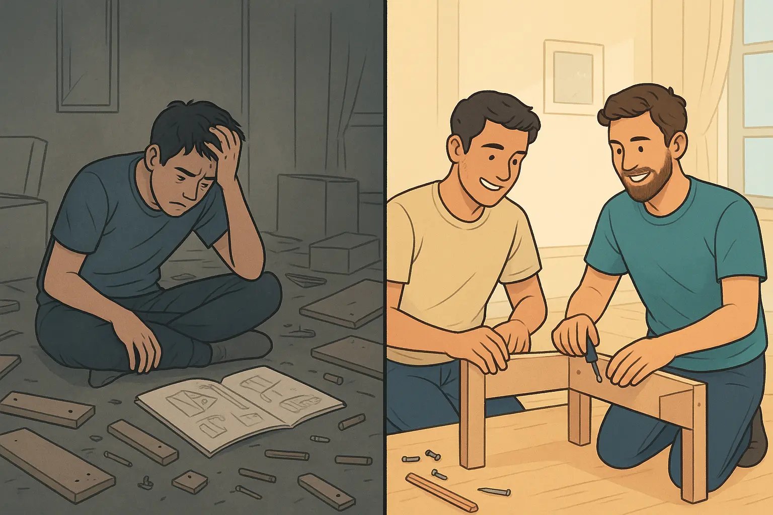 Side-by-side comparison of a man struggling alone to build furniture versus calmly building it with a friend, illustrating the power of asking for help early.