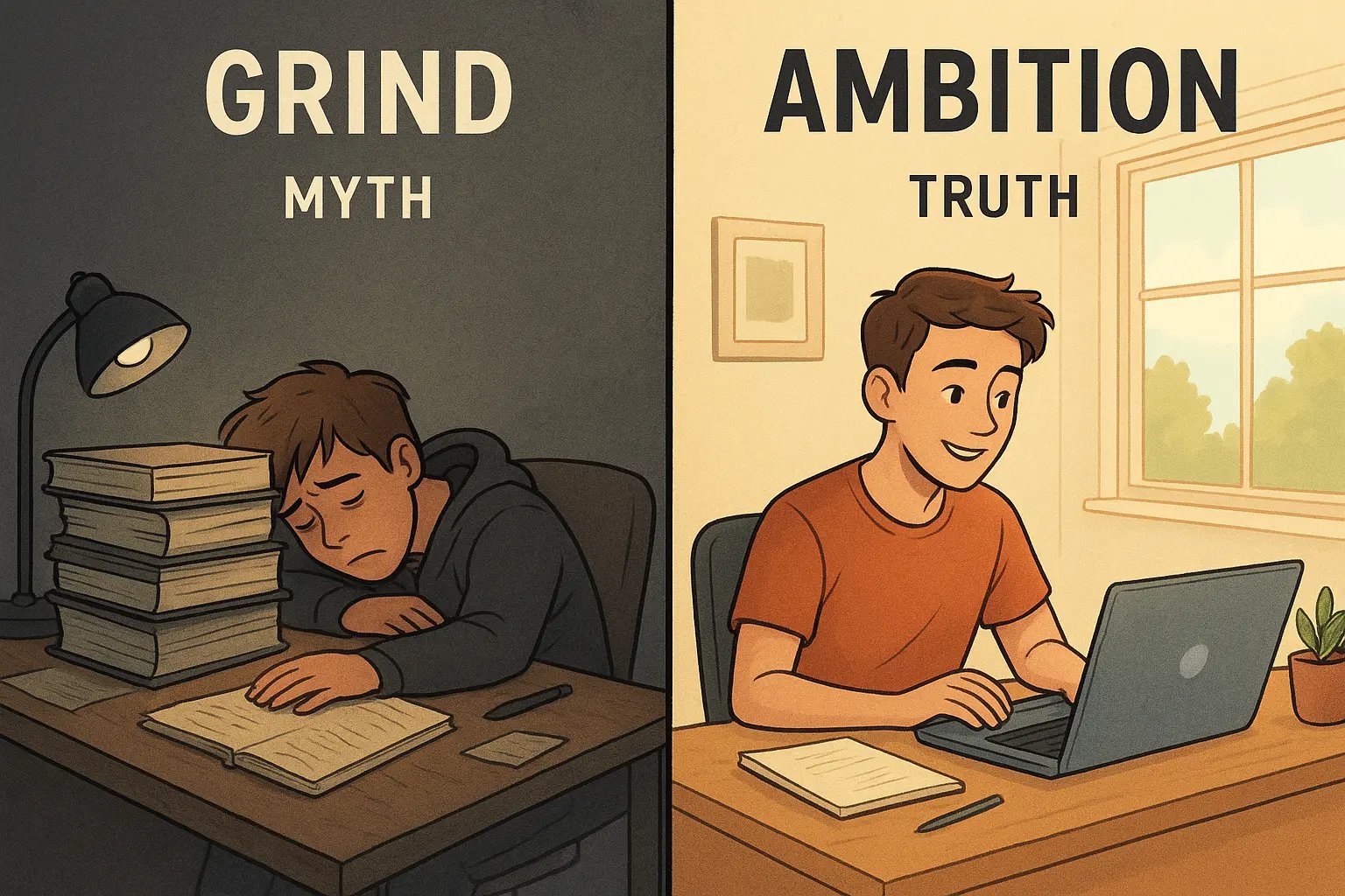 Student energised and focused working on an exciting project in bright workspace versus exhausted student slumped over textbooks