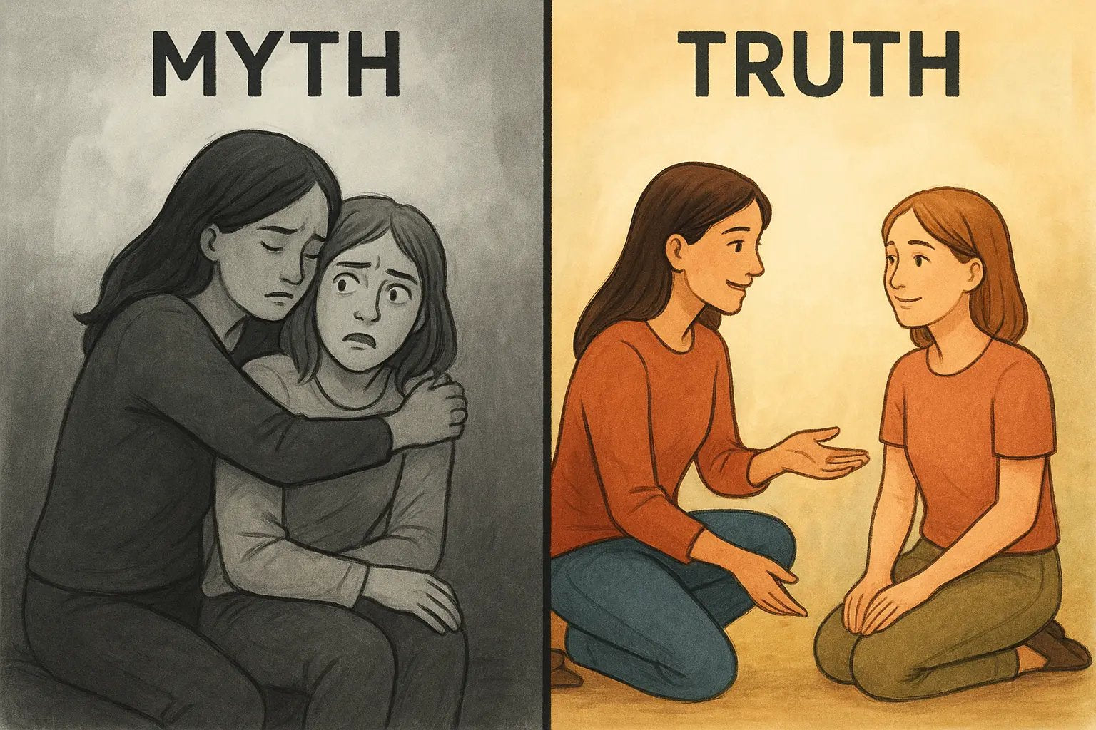Two scenes comparing ineffective and effective emotional support: unwanted hug versus respectful space and asking what's needed