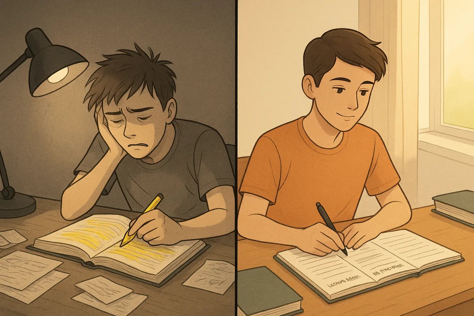 Student comparing chaotic highlighting with organised three-column note-taking for effective essay writing