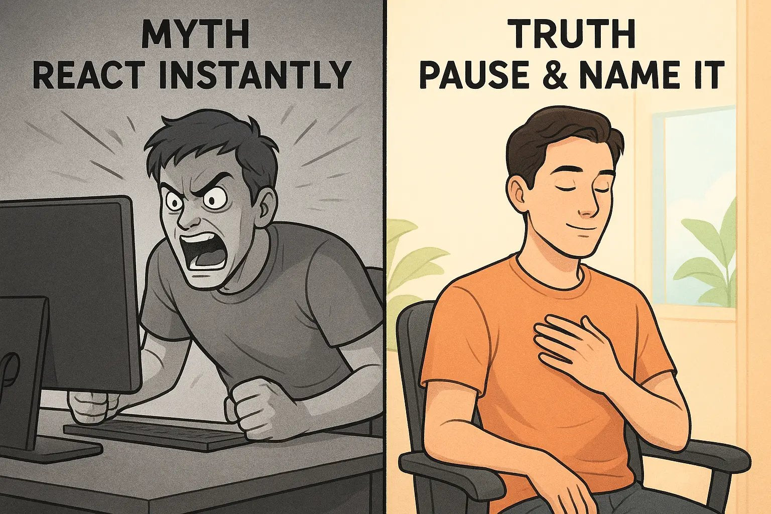 Side-by-side illustration showing a man reacting with anger versus pausing calmly to name his emotion before responding