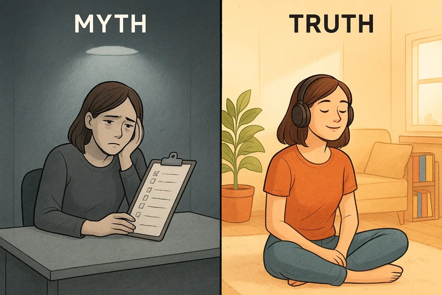 A woman transforms from stressed at a desk with to-do lists to joyfully listening to music in a colourful, cosy room.