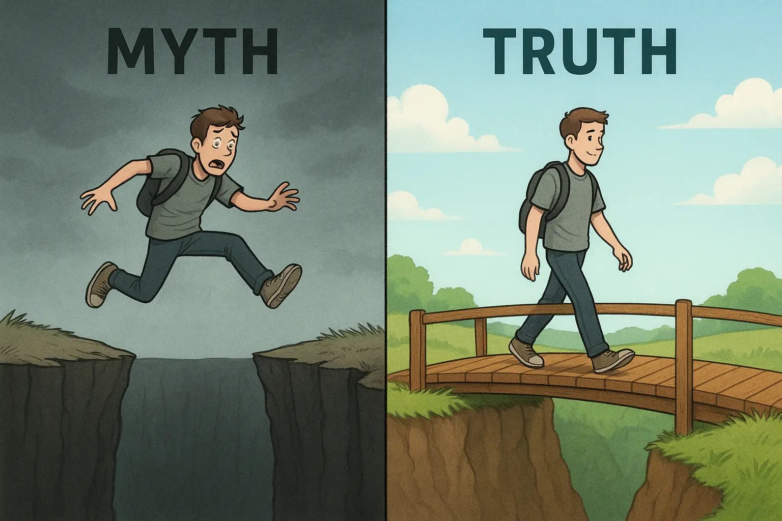 A student confidently walking across a sturdy bridge spanning a logical gap, contrasted with a panicked leap over a chasm.