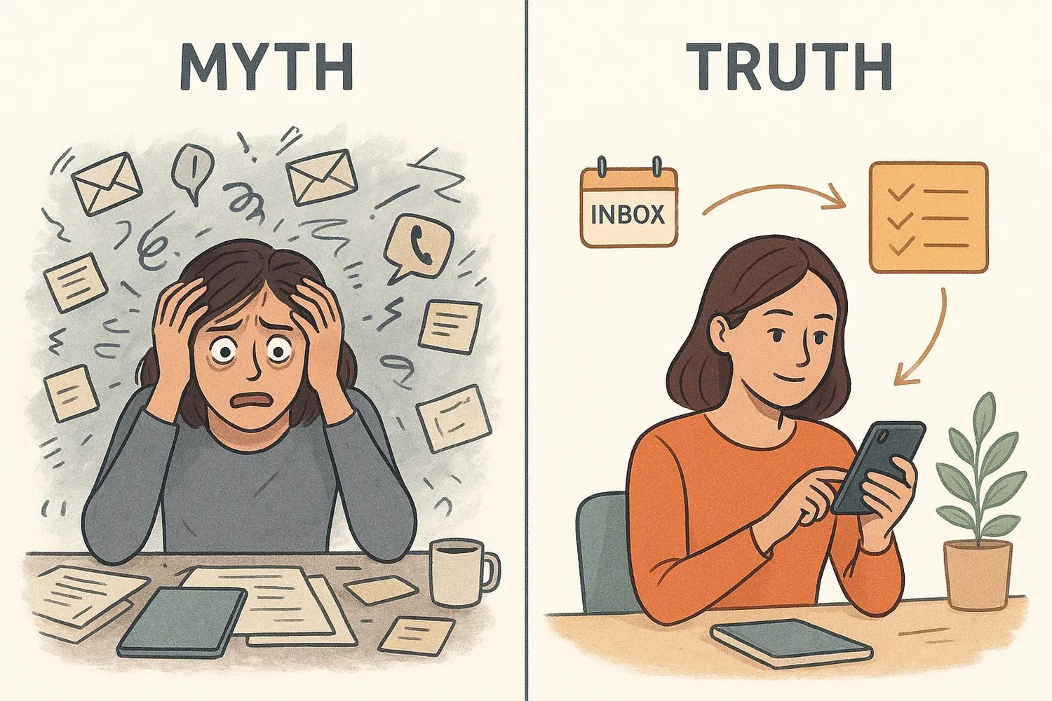 Split illustration showing a stressed woman overwhelmed by tasks on the left, and the same woman calmly organising tasks into a calendar and checklist on the right.