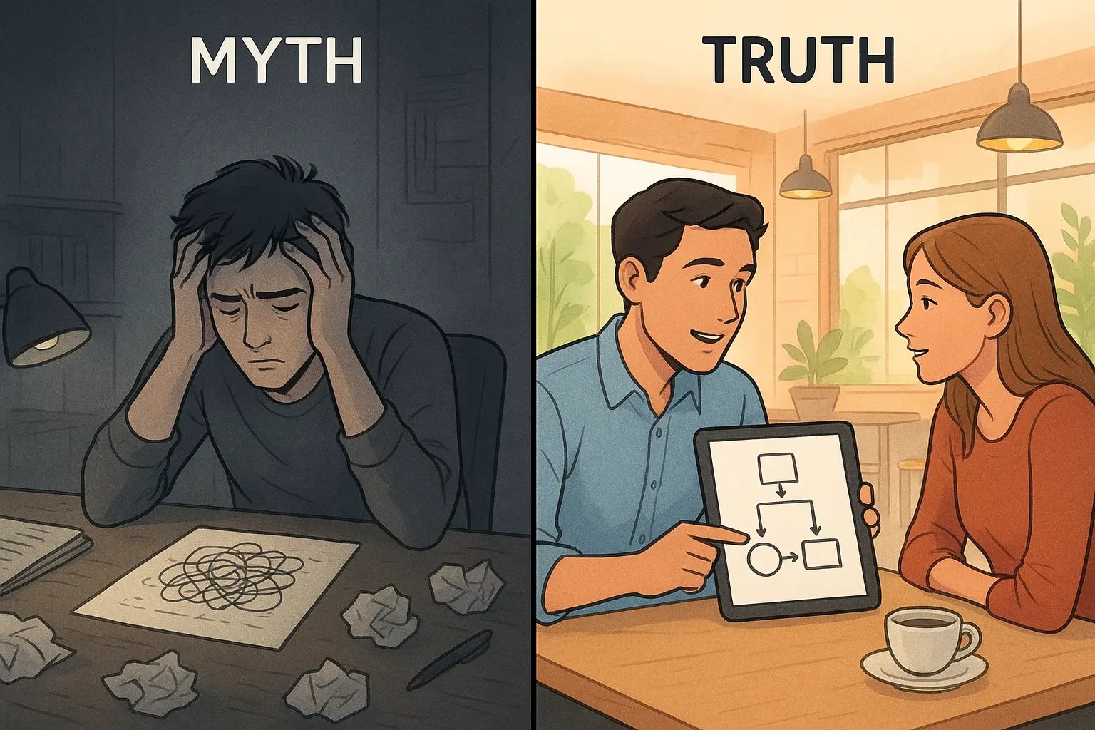 Split illustration showing isolated learner struggling alone versus confident mentor teaching another person in bright setting