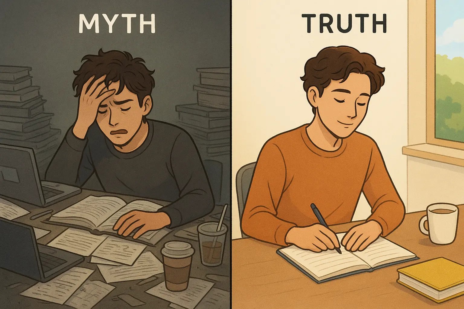 Split comparison showing a stressed student with a cluttered desk versus the same student calm and focused with an organised, minimalist workspace