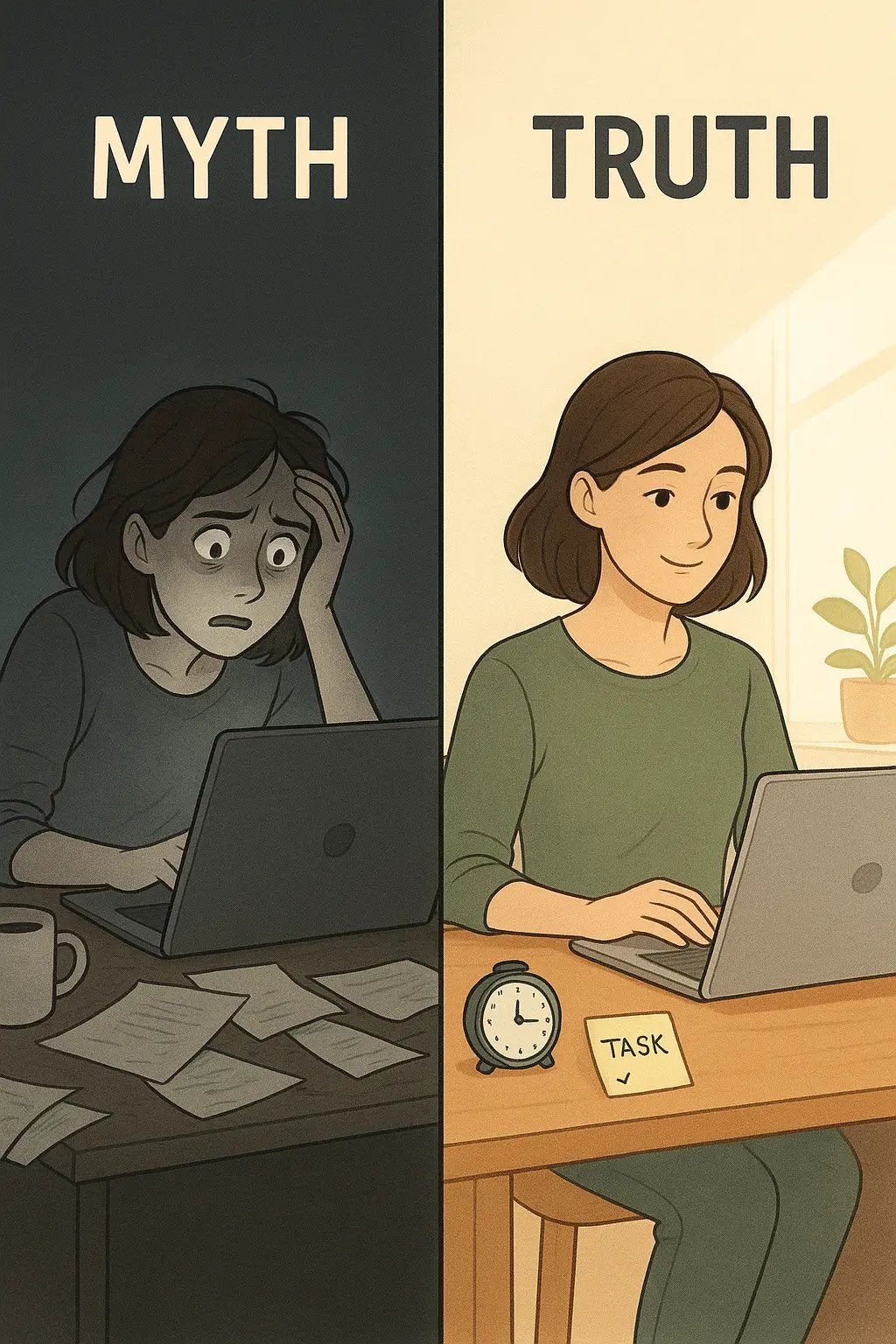 Side-by-side comparison showing a stressed woman in a dark, chaotic workspace versus the same woman calmly working in a bright, organised space with a timer and task notes.