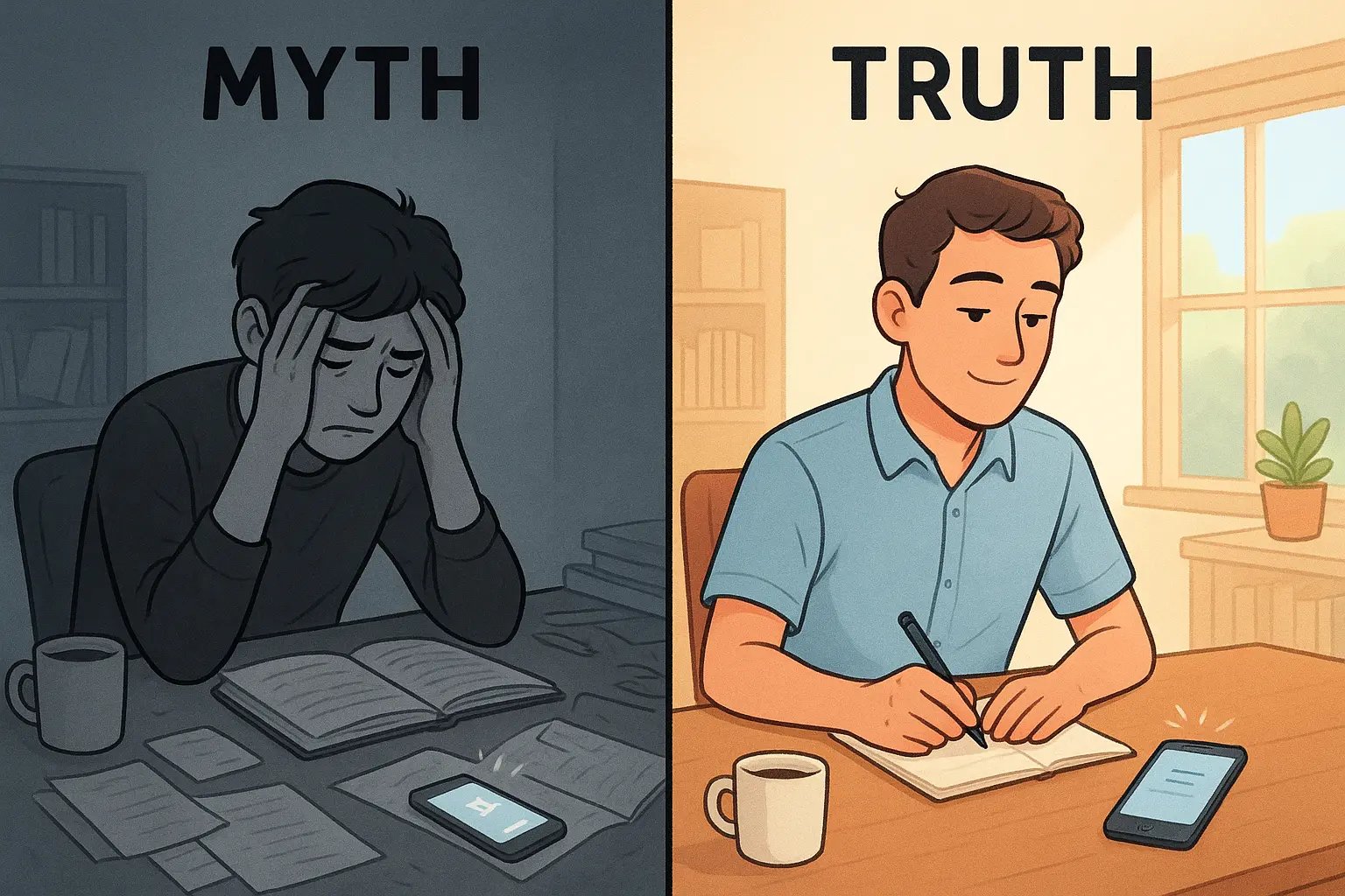 Split illustration showing a frustrated student overwhelmed by interruptions versus the same student calmly logging the interruption to track focus patterns