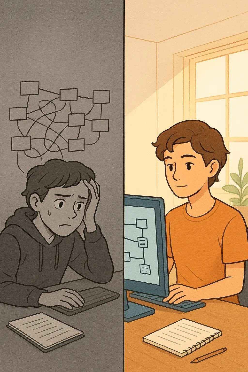 Split comparison showing chaotic unlabelled note links versus organised notes with clear connection labels