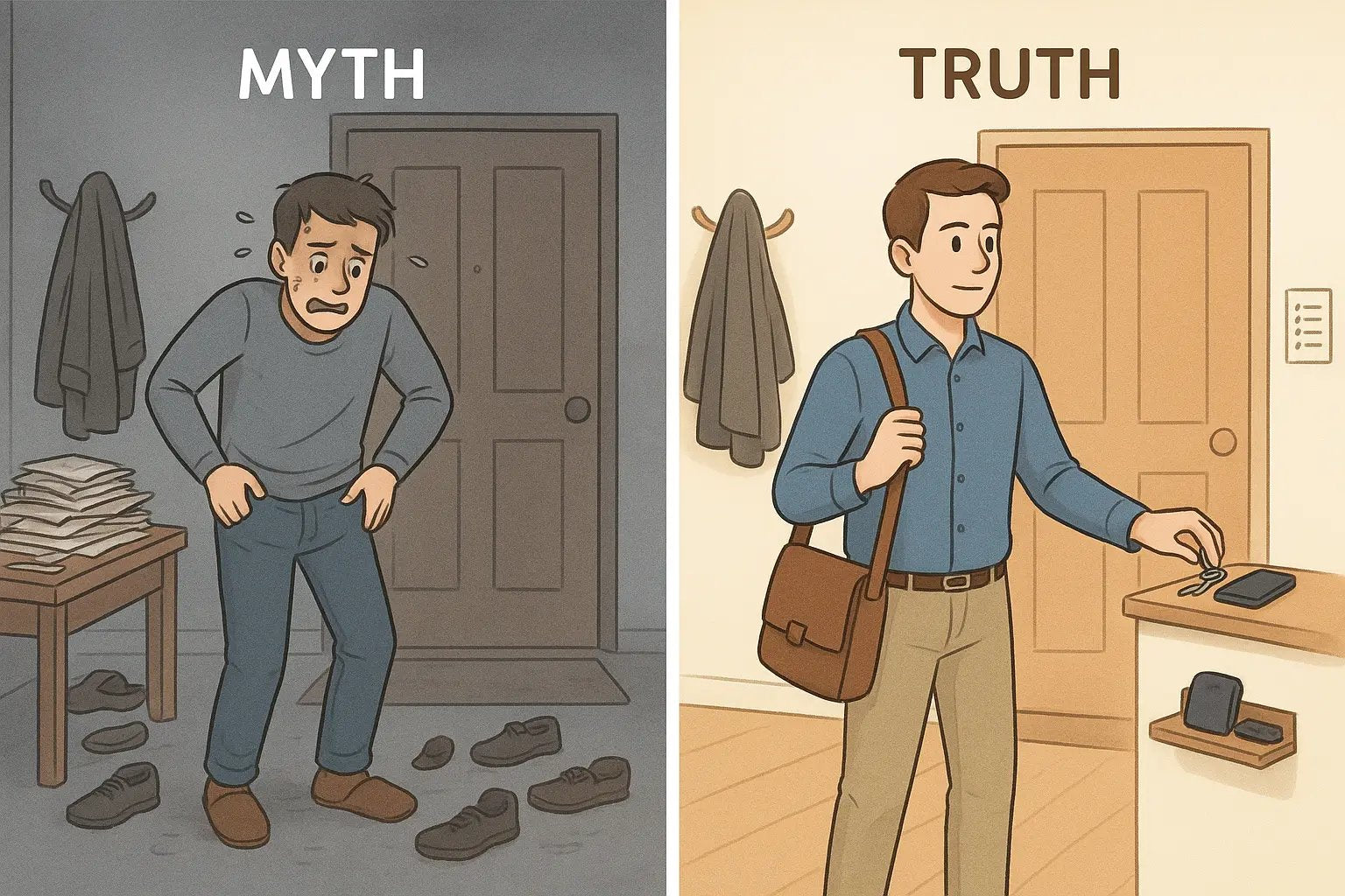 Side-by-side comparison showing a stressed man searching for keys in a messy entryway versus calmly collecting items from an organised launch pad shelf