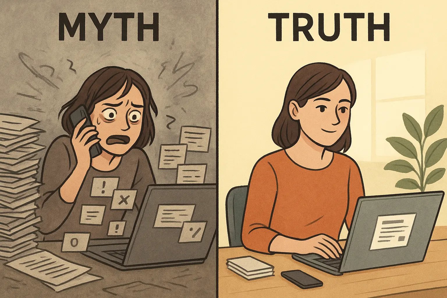 A side-by-side comparison showing a stressed woman juggling many tasks versus calmly focusing on one important goal at a tidy desk.