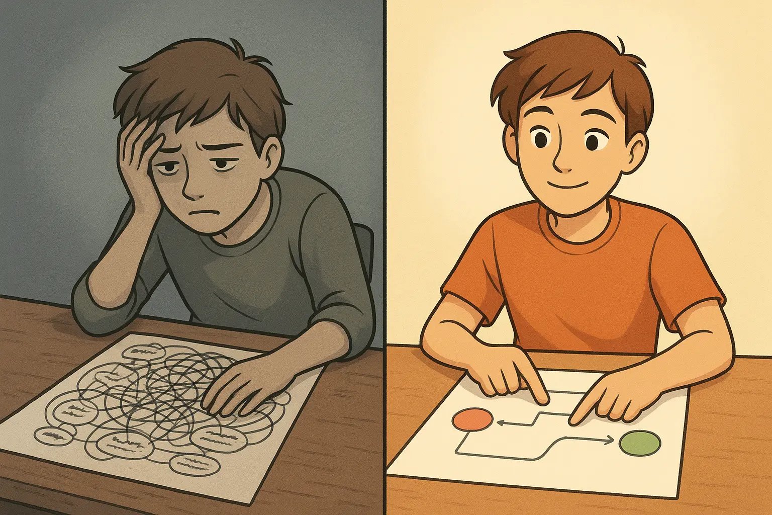 Student confidently tracing a clear path on an organised concept map, contrasted with a confused student facing a tangled, messy map