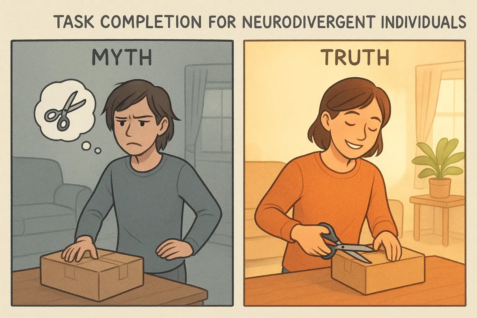 Side-by-side comparison showing a frustrated person searching for scissors versus happily using scissors readily available on their table