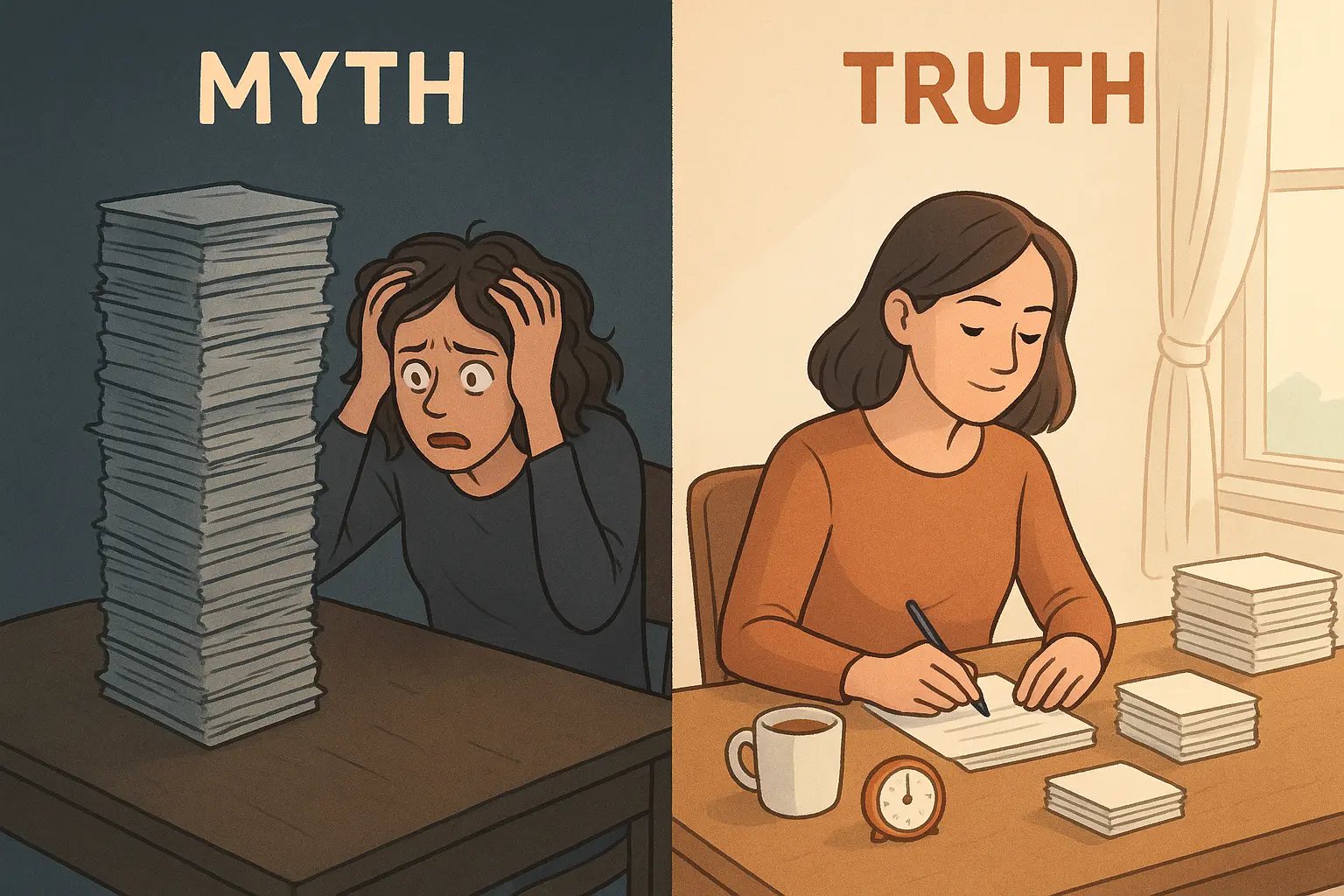 Woman comparing overwhelmed state with giant task pile versus calm, organised approach with small work chunks and timer.