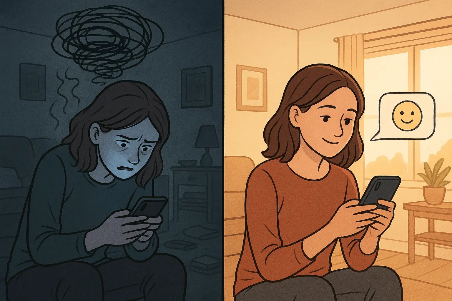 A woman transforms from anxious overthinking in a dark room to calm relief in a bright space after resolving a text misunderstanding.