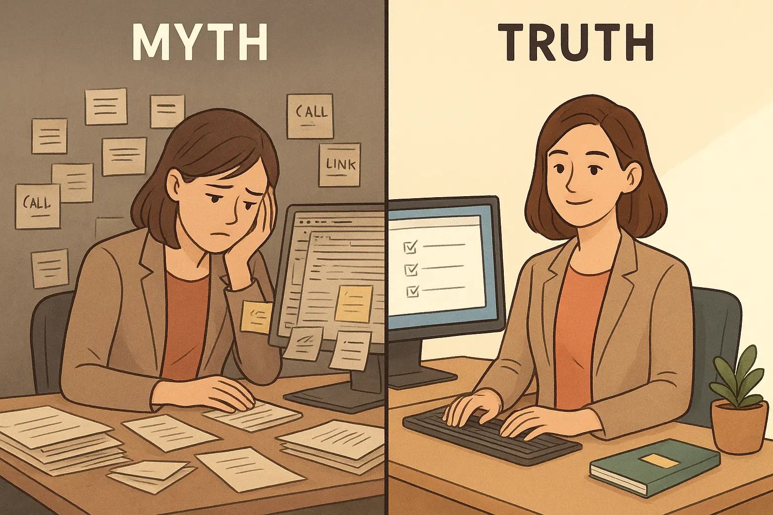 A side-by-side comparison of a chaotic desk with mixed tasks and files versus a calm, organised workspace with separate to-do lists and reference materials.