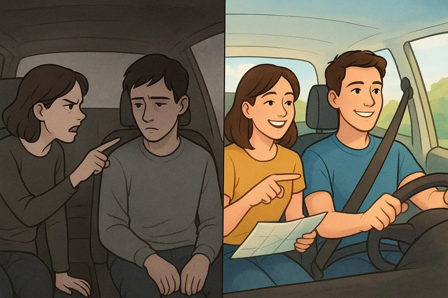 Side-by-side illustration showing a tense car scene versus a collaborative one, depicting supportive partnership dynamics