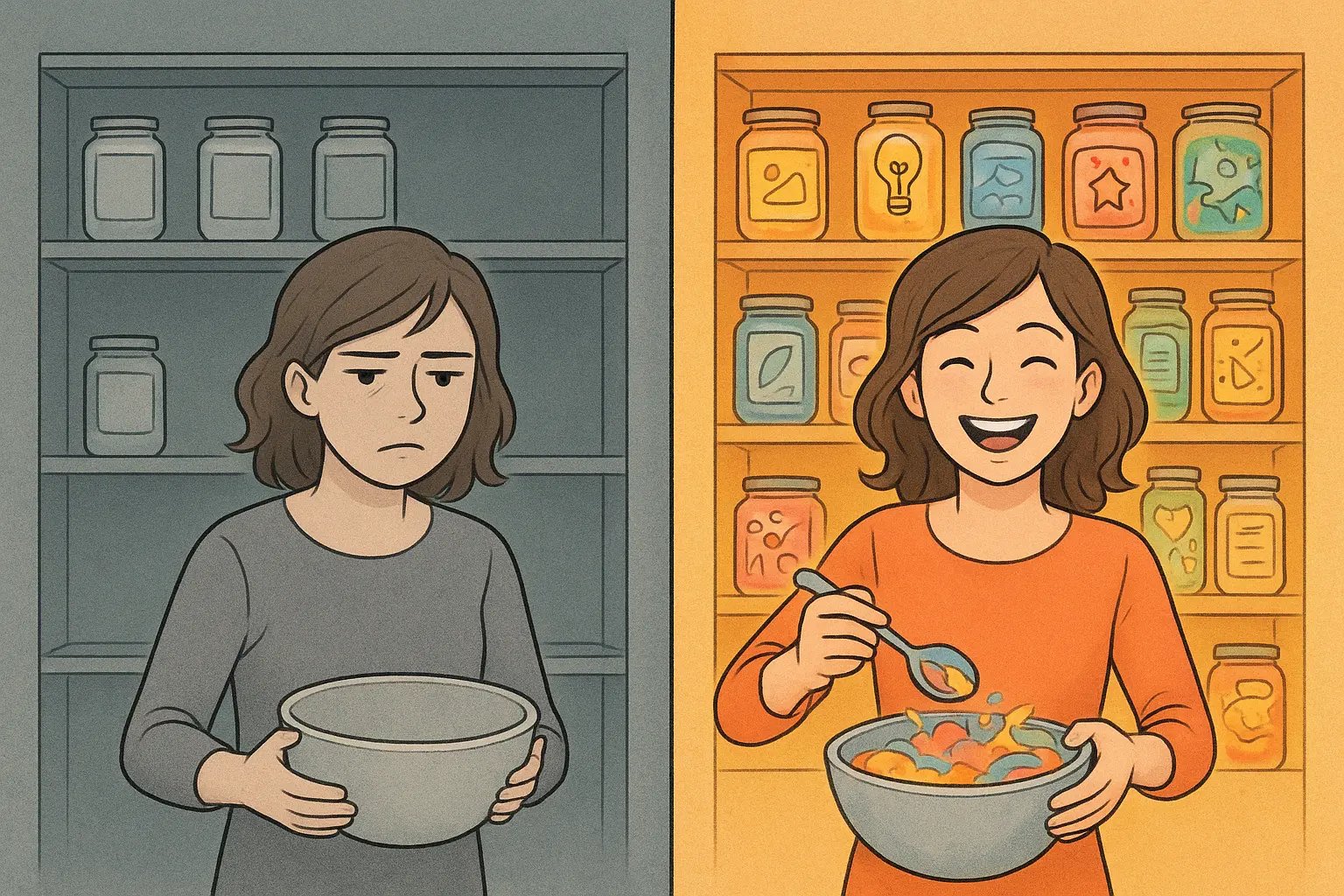 Woman comparing sparse organised pantry with vibrant messy idea pantry full of colourful jars