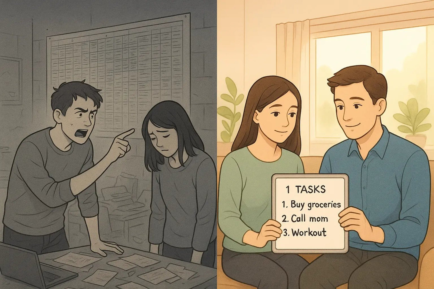 Side-by-side comparison showing a stressed couple with a complex chart versus the same calm couple collaborating on a simple plan