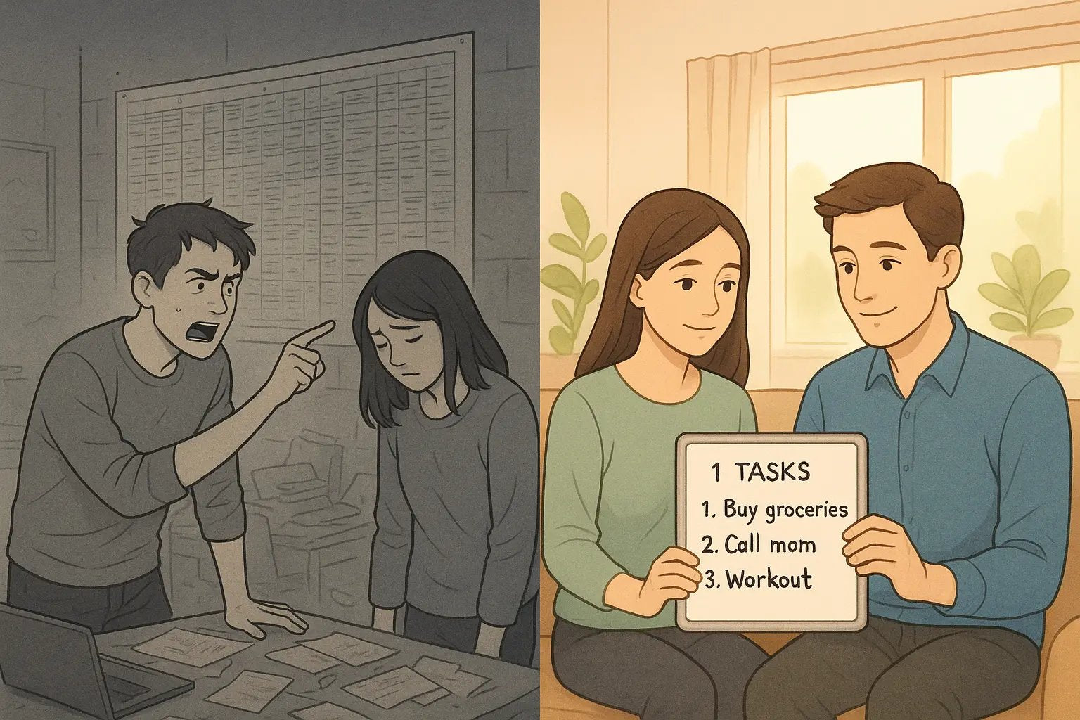 Side-by-side comparison showing a stressed couple with a complex chart versus the same calm couple collaborating on a simple plan