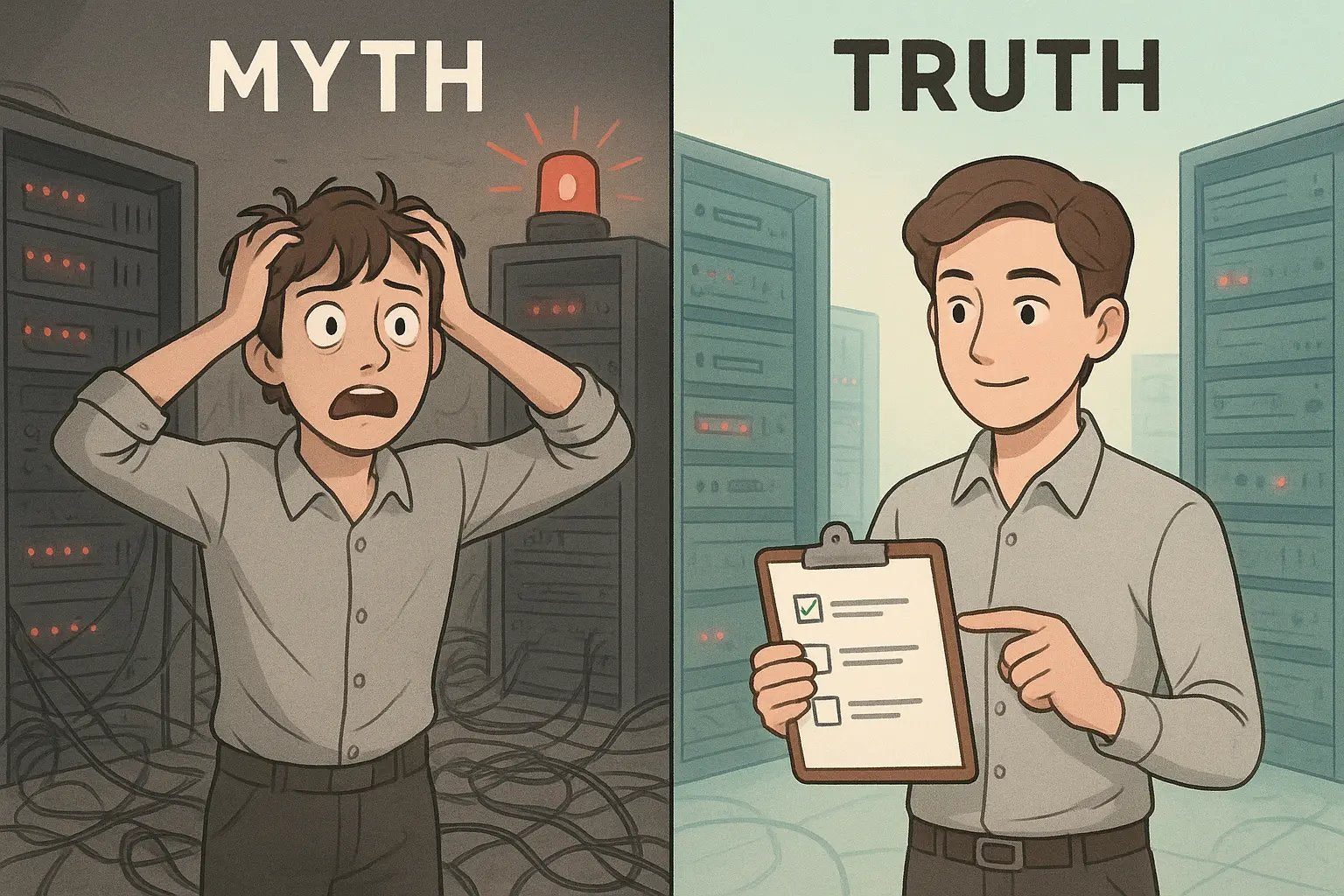 Split illustration showing panicked worker in chaotic server room versus calm worker using checklist to manage emergency methodically