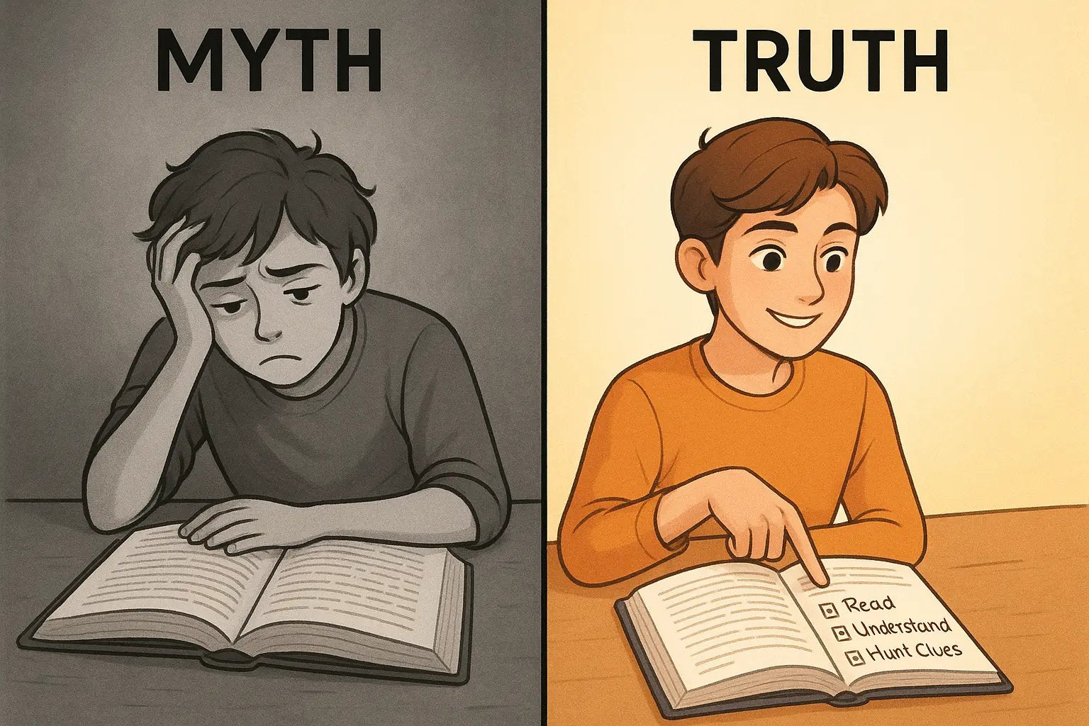 Student actively reading with a three-word checklist, contrasted with passive, unfocused reading