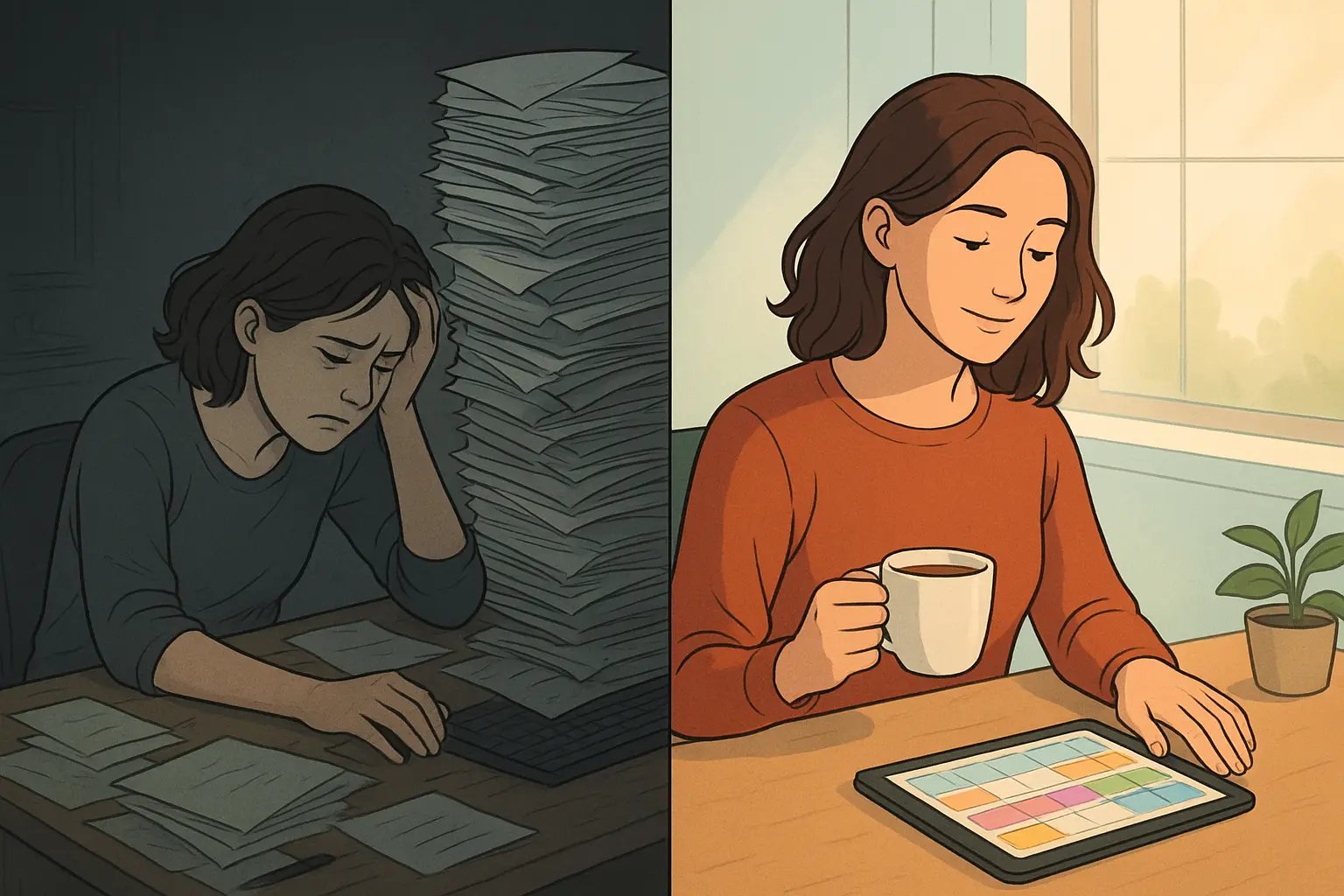 A split image showing a stressed woman at a messy desk versus the same woman calm with a colour-coded planner, illustrating energy-aware planning.