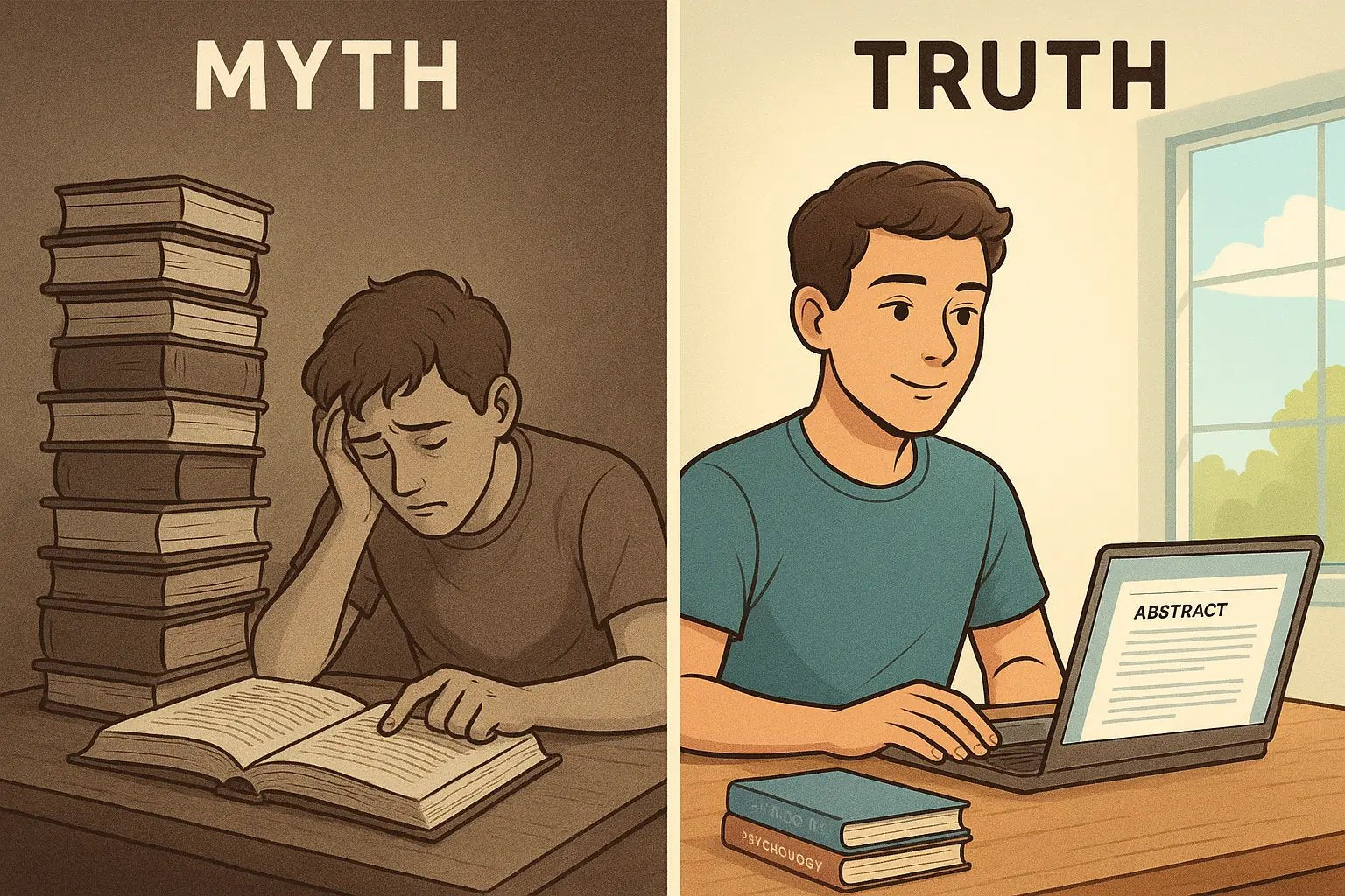 A student calmly scanning article abstracts on a laptop with a tidy desk and manageable stack of books, contrasting with a stressed student buried under towering piles of textbooks.