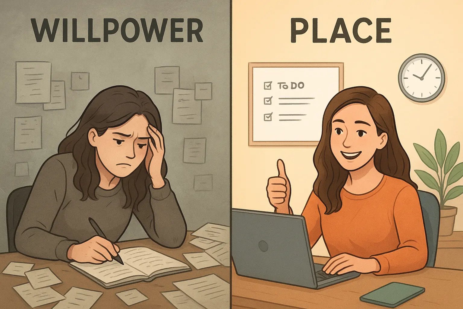 Illustration showing a stressed person at a chaotic desk versus a calm person at an organised desk using an accountability system with a video call, whiteboard, and clock