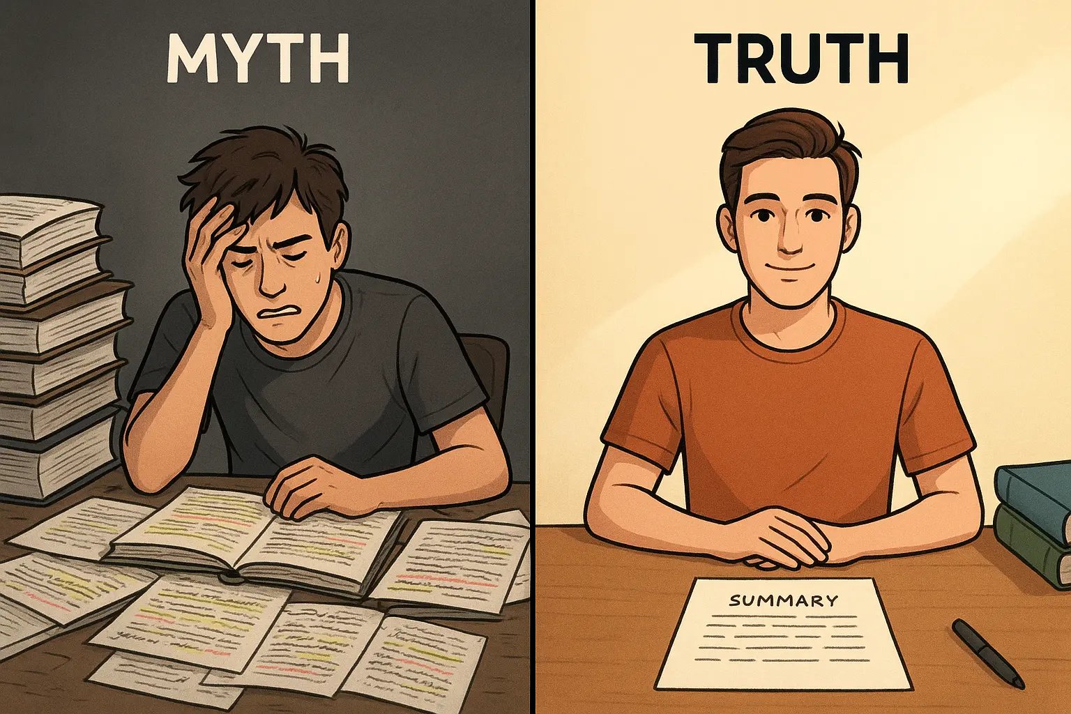 A student sitting calmly at a clean desk with a single neat summary page, contrasted with a stressed student surrounded by cluttered notes.