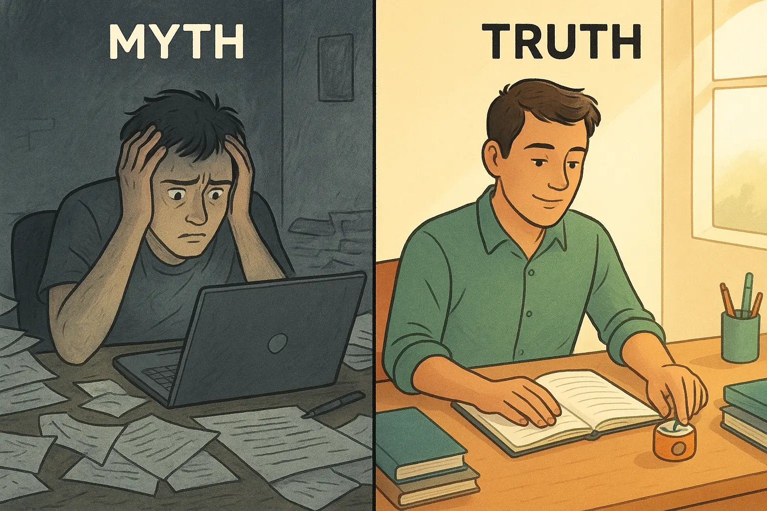 Side-by-side illustration showing a stressed person at a chaotic desk versus the same person calmly selecting a tool from an organised toolkit.