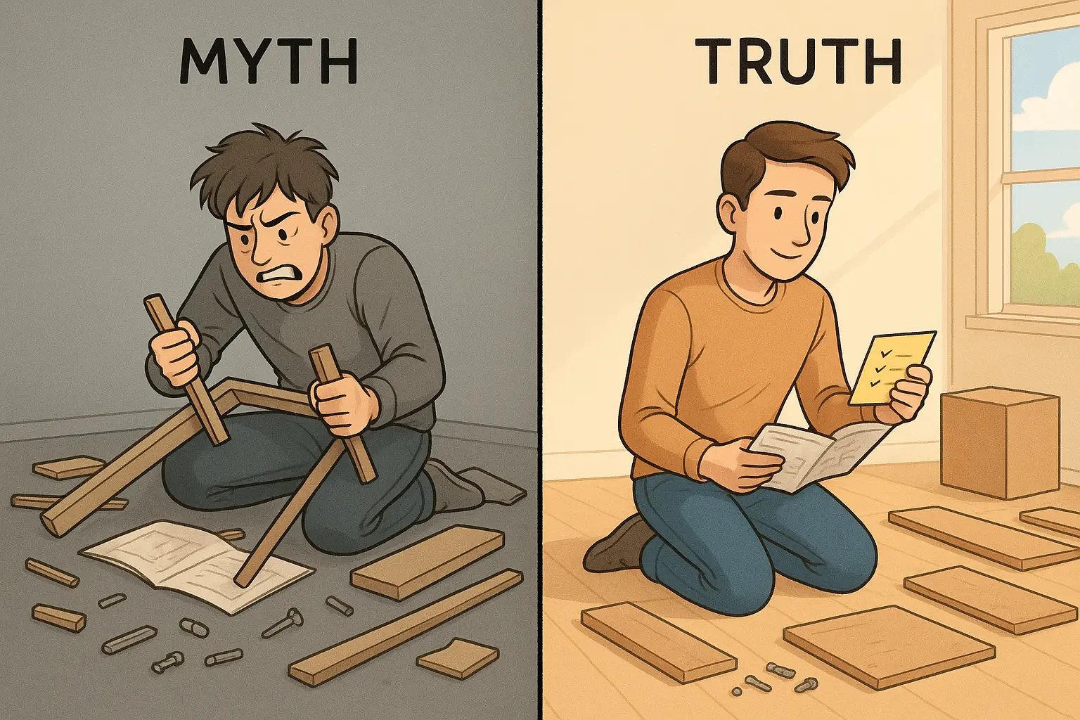 A student calmly organising furniture parts with a checklist, contrasting with a chaotic, frustrated assembly attempt.