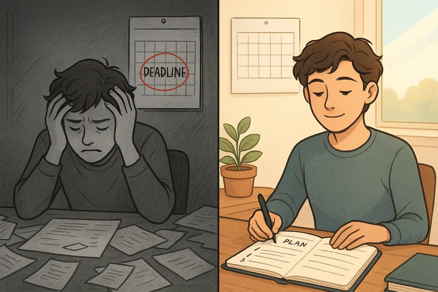 Split image showing stressed student facing single deadline versus calm student following step-by-step reverse plan