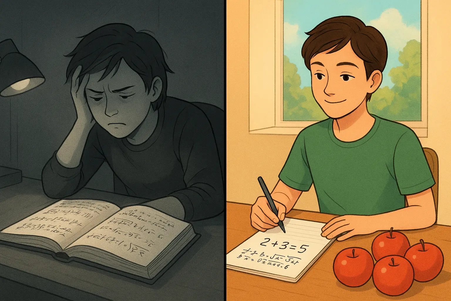 Student comparing frustrated formula study with confident learning using simple apple examples in bright, colourful setting