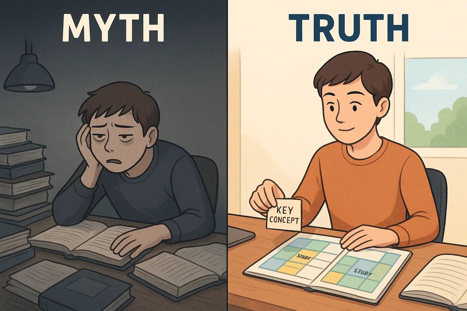 A student confidently organising study materials into focused chunks at a bright desk, illustrating strategic study session planning.
