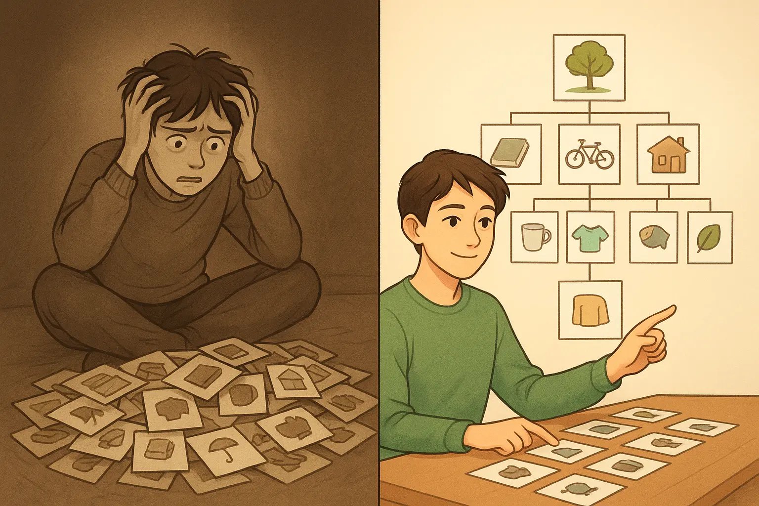 University student calmly organising picture cards into hierarchical categories from broad to specific groups