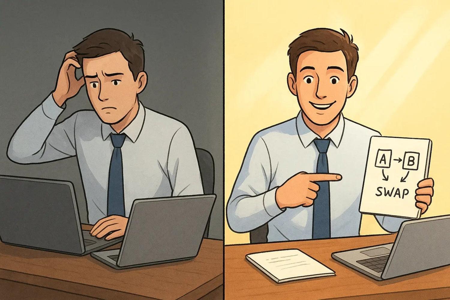 Side-by-side illustration showing confused person testing methods in sequence versus confident person using order-swap method for fair results