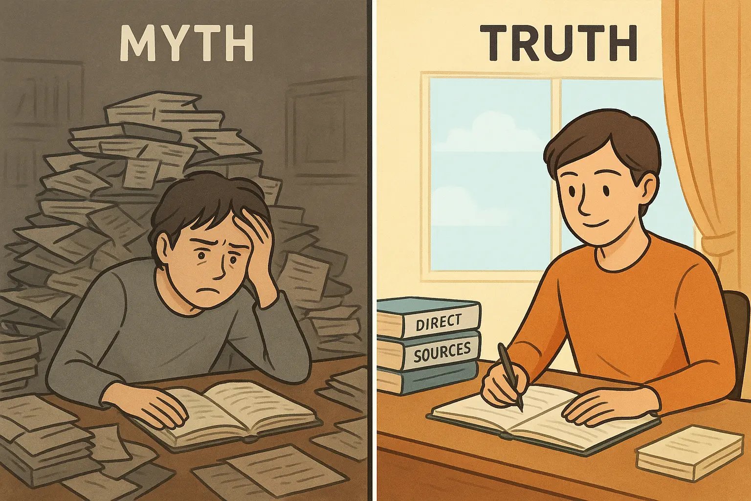 University student at organised desk with research sources sorted into two neat piles, working calmly with focused expression