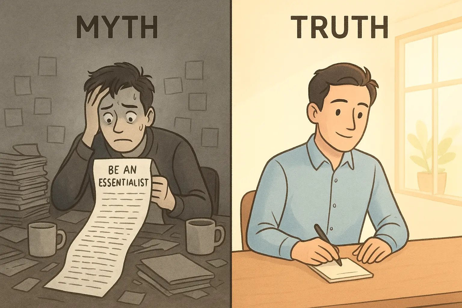 Side-by-side illustration showing a stressed person at a chaotic desk versus a calm person at a minimalist workspace embodying Essentialism