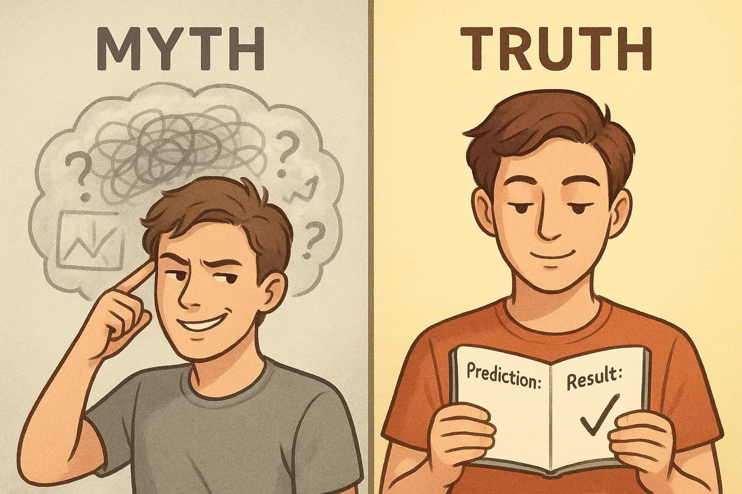 Side-by-side illustration: left shows person with confused thought bubble; right shows same person calmly reviewing clear written predictions in a notebook.