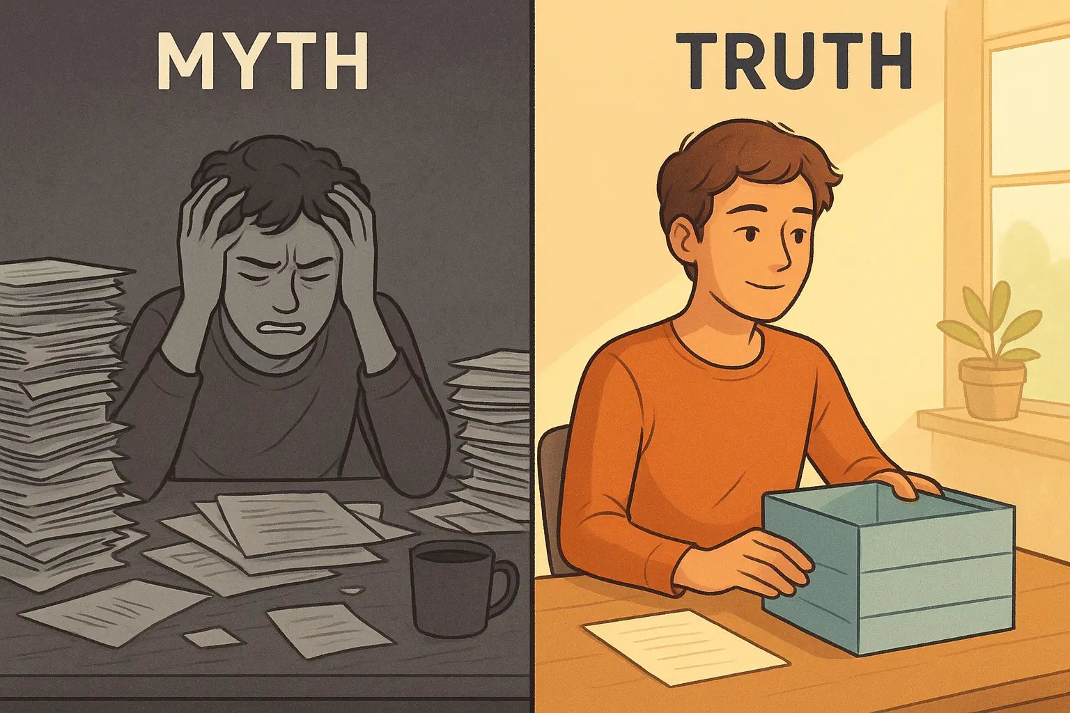Side-by-side comparison showing stressed person at messy desk versus calm person organising their workspace with file system
