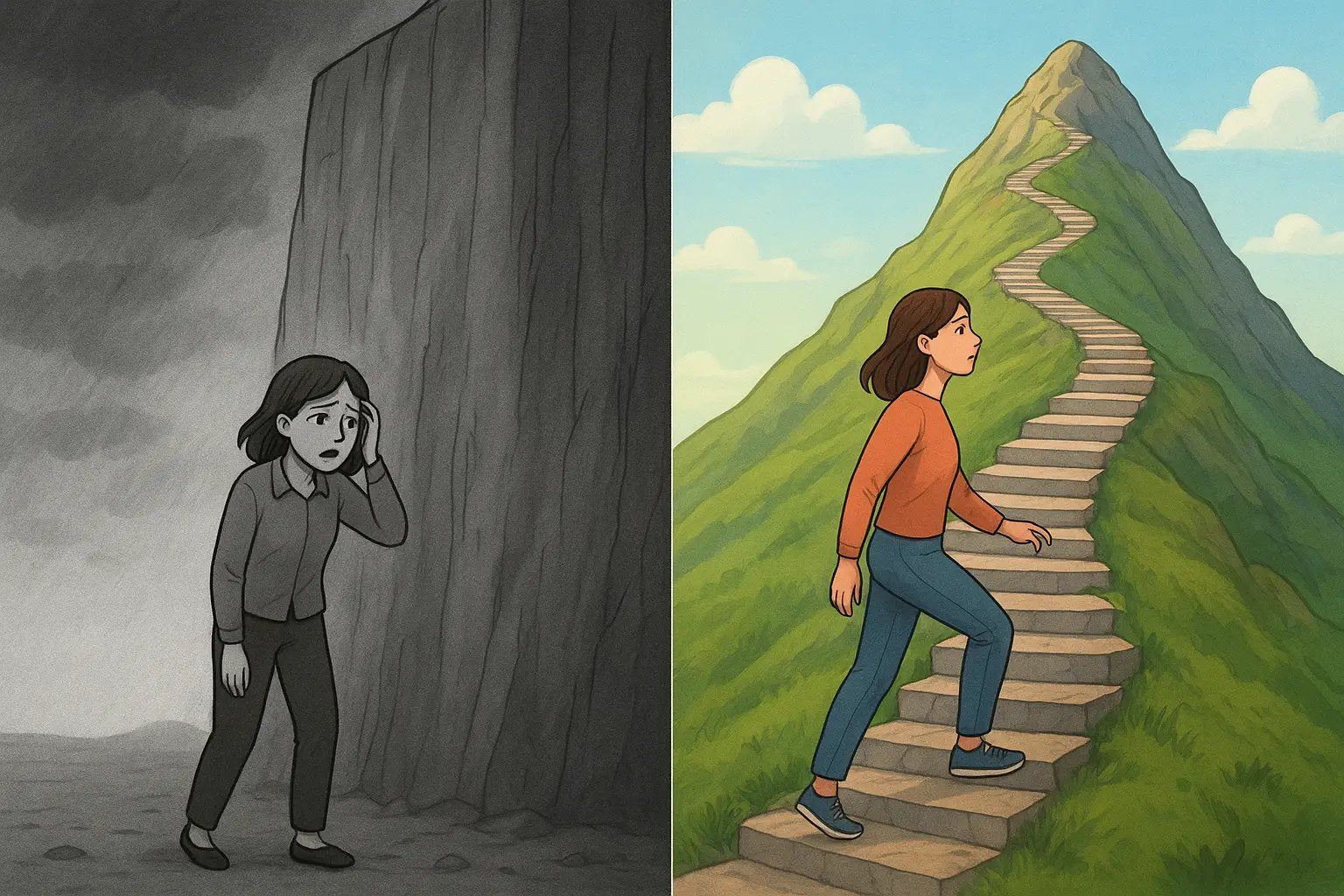 Woman confidently climbing manageable stone stairs up a mountain, contrasted with overwhelming cliff face