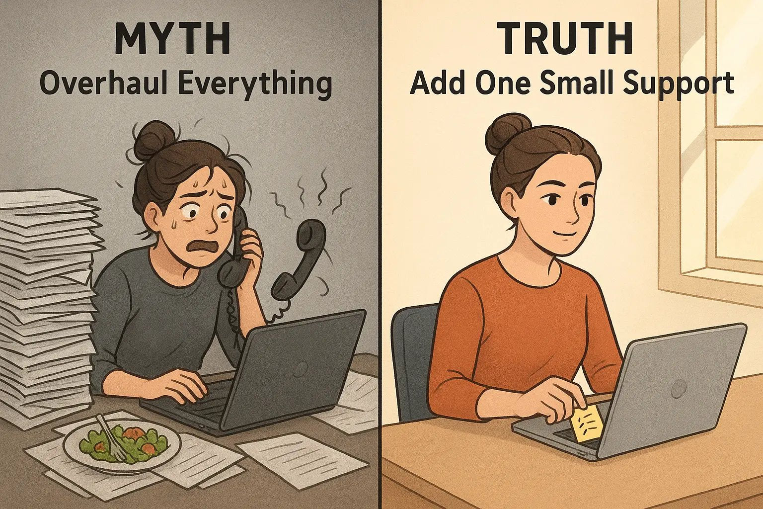 Split image showing a stressed woman overwhelmed by multiple tasks versus the same woman calmly placing a single sticky note on her laptop